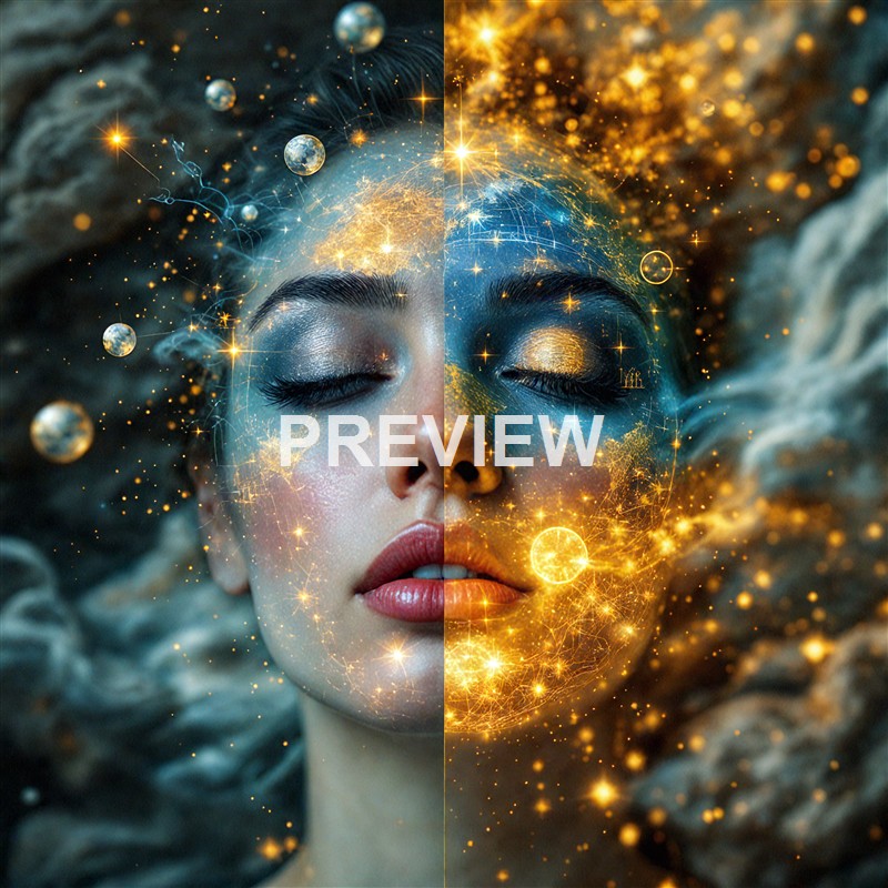 A woman with closed eyes has her face split into two halves, with one side showing a celestial, starry scene and the other side glowing with golden, cosmic effects, surrounded by floating planets and light particles.